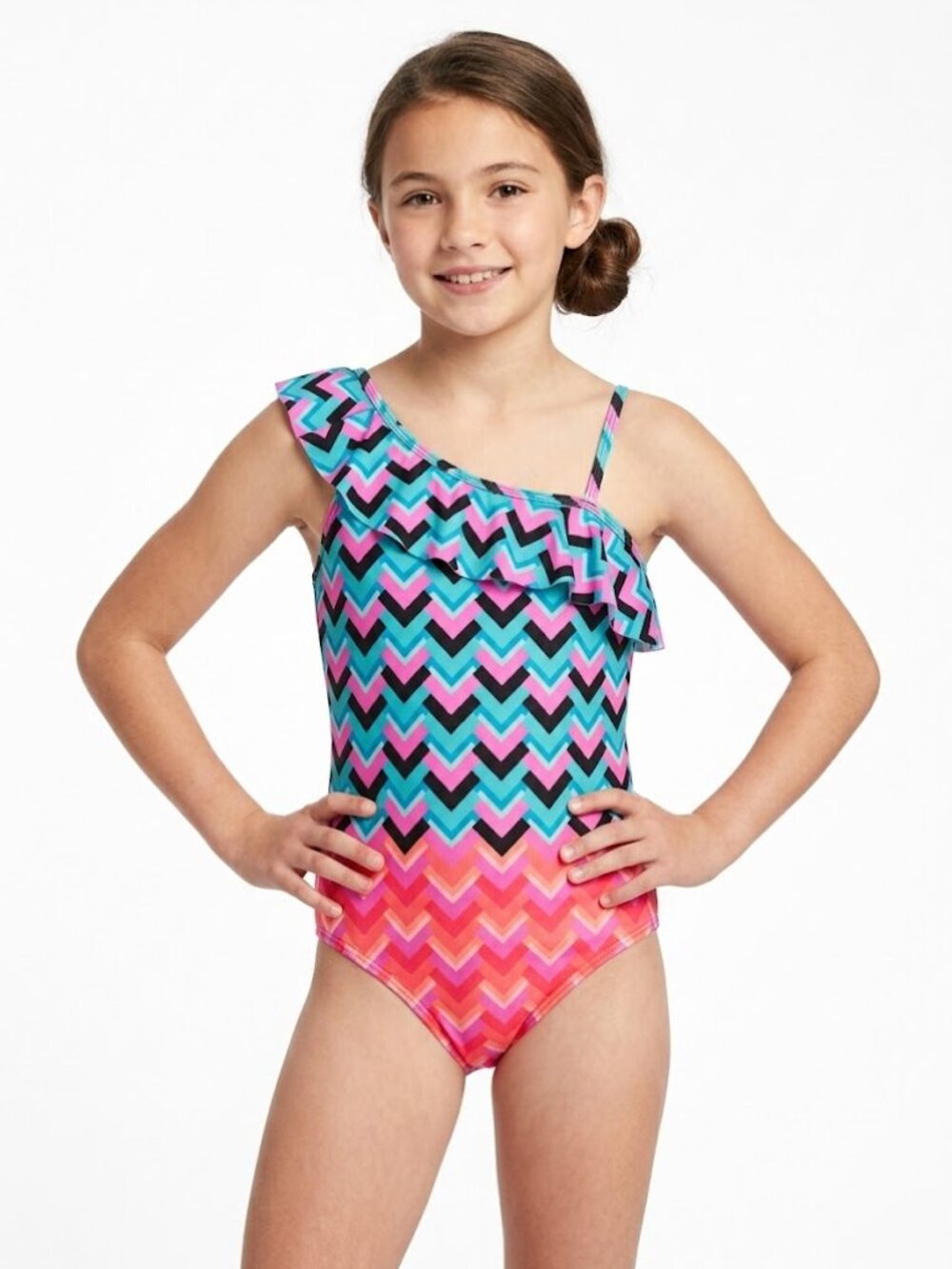 OshKosh B’Gosh Girls One Shoulder Swimsuit Multicolor Chevron Size 10 One Piece